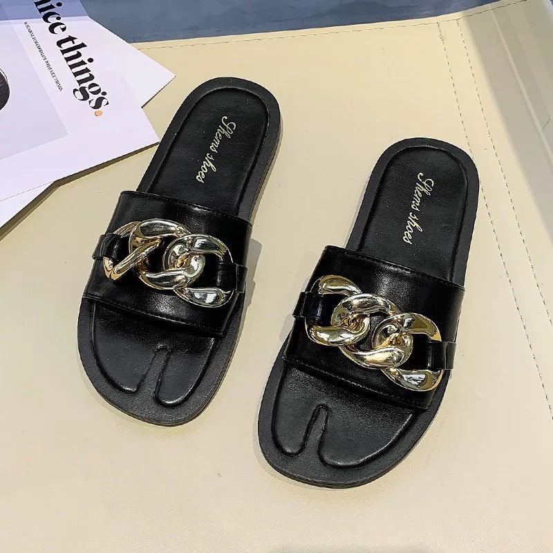 Casual One-word Female Drag Metal Chain Lazy Sandals