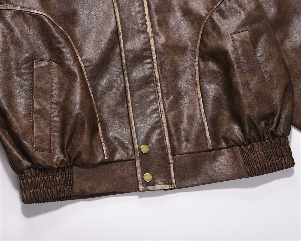 Distressed Lapel Leather Jacket Men's European And American