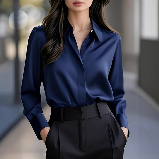 Long Sleeve Simple Blouse Lapel Versatile Loose