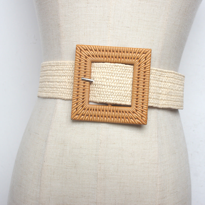 Ladies Fashion Wax Rope Braided Square Buckle Posey Wide Belt