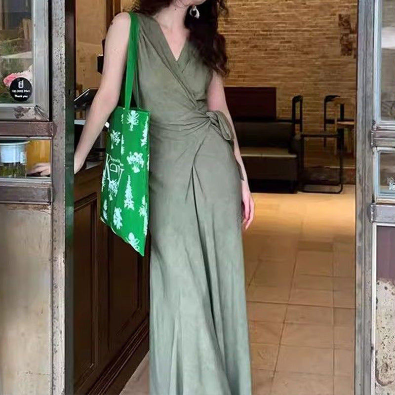 Overlap Neck Wrap Style Sleeveless Dress With A Soft Flowing Drape