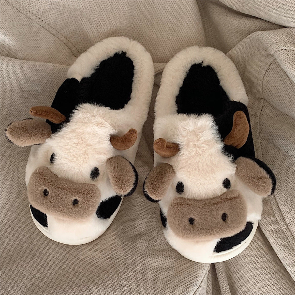 Cartoon Cow Warming Woolen Cotton Slippers Women