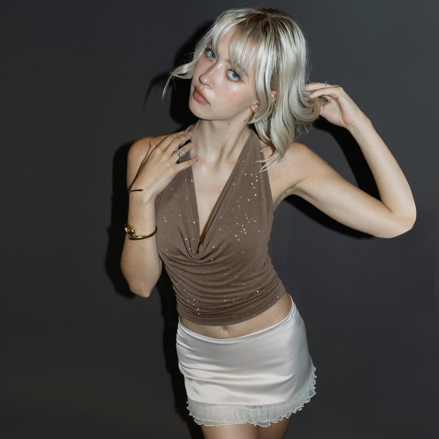 Resort-style Cropped Halter Top With Sparkling Rhinestones