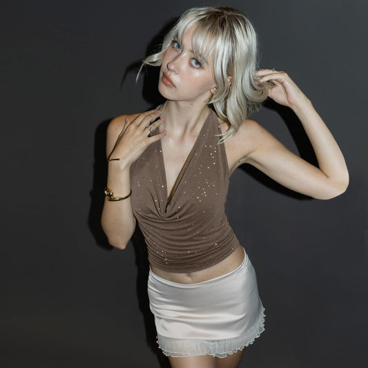 Resort-style Cropped Halter Top With Sparkling Rhinestones