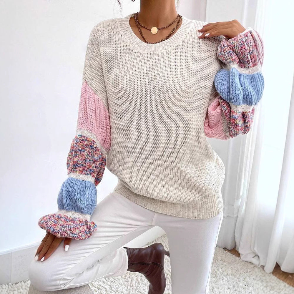 Sweater Women's Round Neck Pullover Contrast Color Puff Sleeve