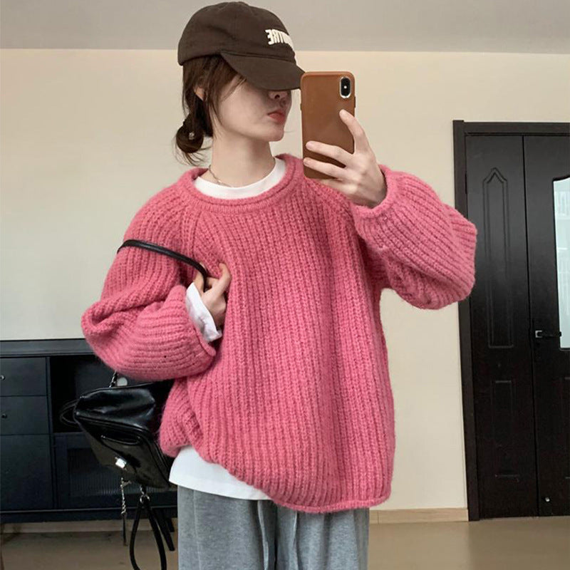 Korean Style Lazy Style Solid Color Curling Coarse Yarn Sweater For Women