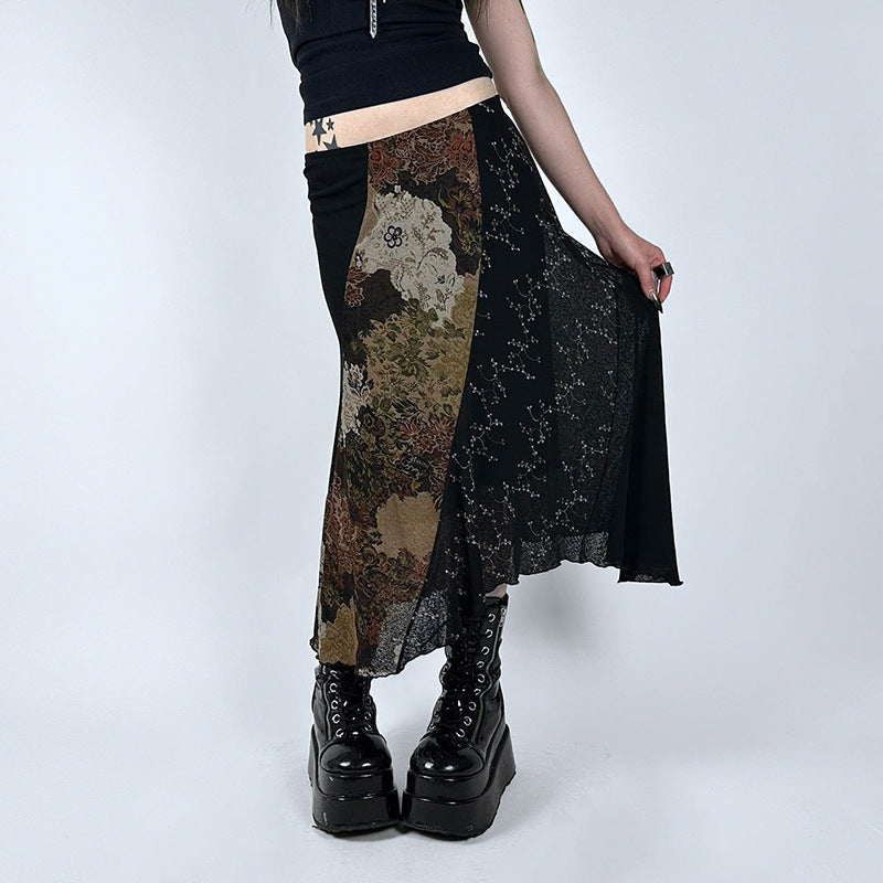 Retro Ethnic Style Personalized Printing Stitching Asymmetric Skirt
