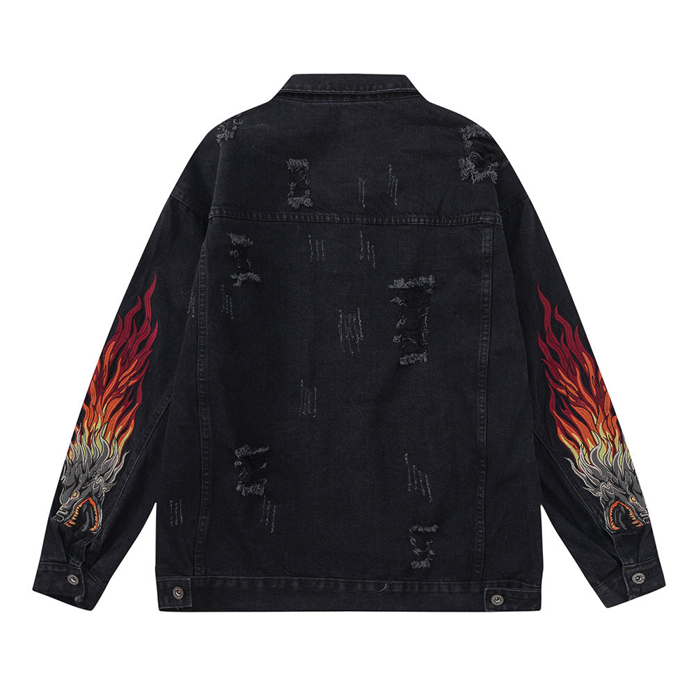 Faucet Zodiac Needle Embroidery Denim Jacket Men's High Street National Fashion Design Sense Ripped Jacket