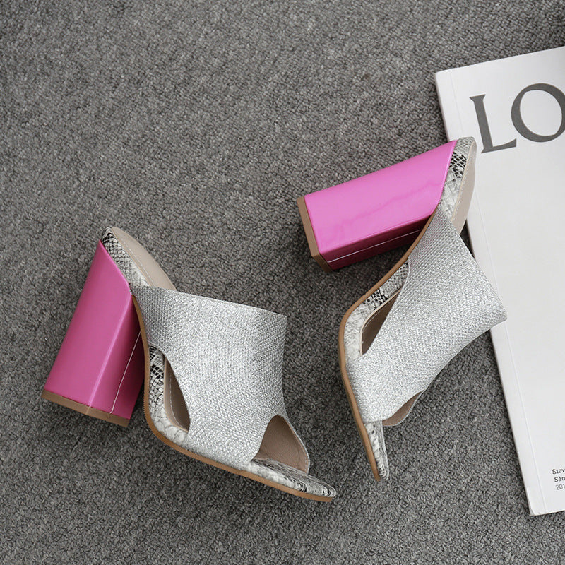 Greet Square Head Rhinestone Thick High-heel Sandals And Slippers