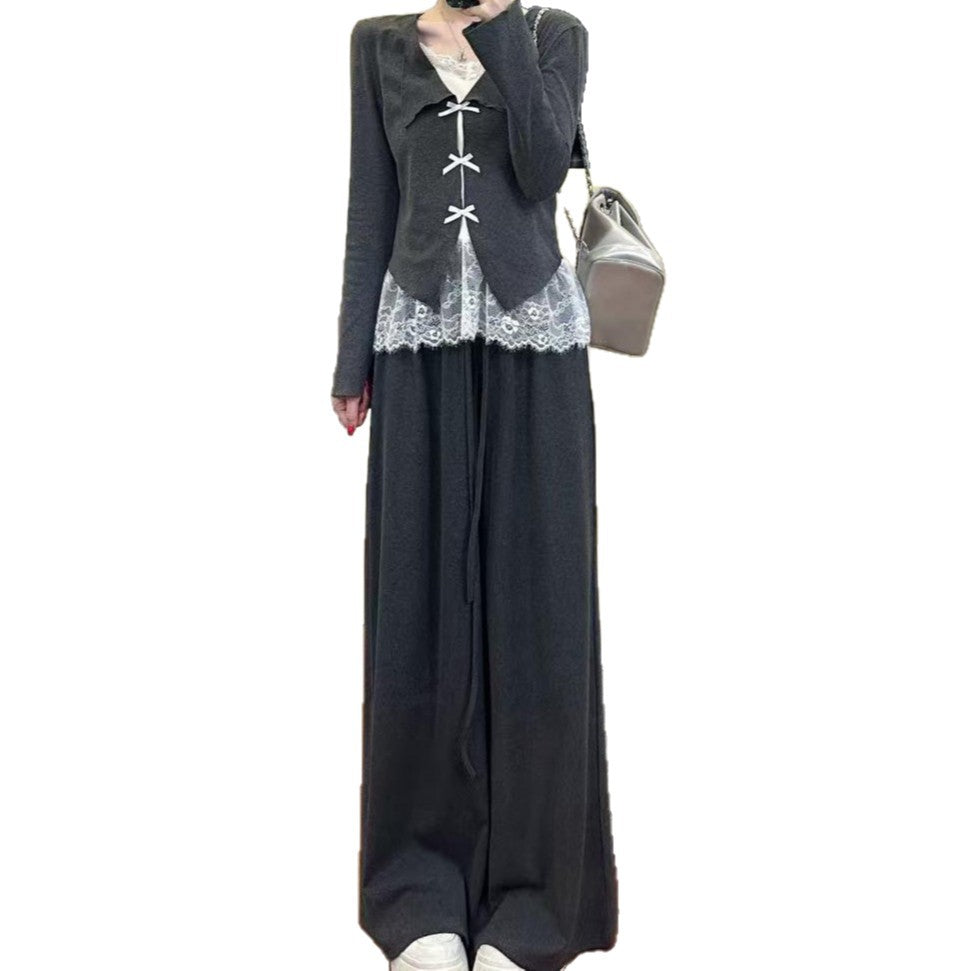 Temperament Lace Cardigan Top Slimming Wide-leg Pants Two-piece Set