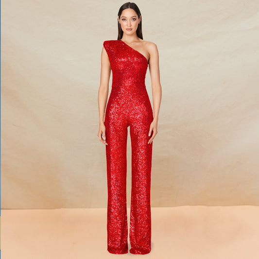 Sleeveless One-shoulder Fashion High Waist Design Sequined Jumpsuit