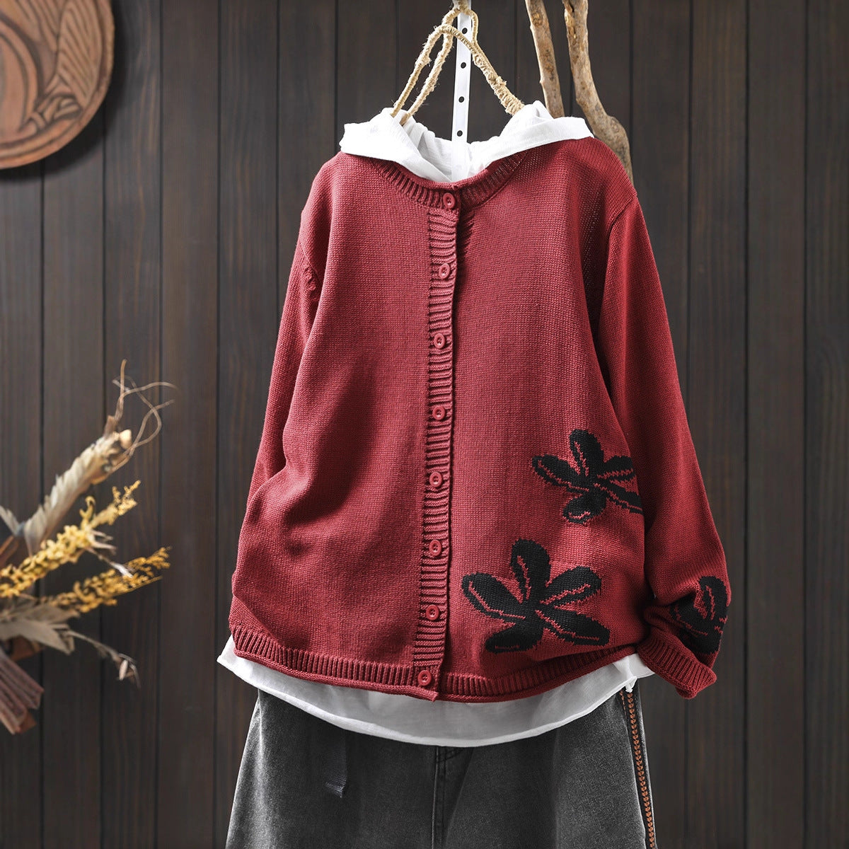Women's Loose Retro Flower Contrasting Cotton Knit Cardigan
