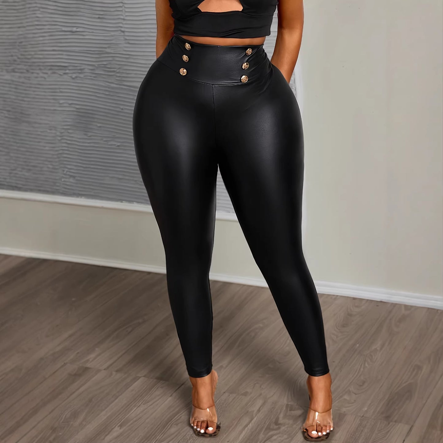 Plus-size Buttoned Tight-fit Figure-flattering Solid-color Stretchy PU Leather