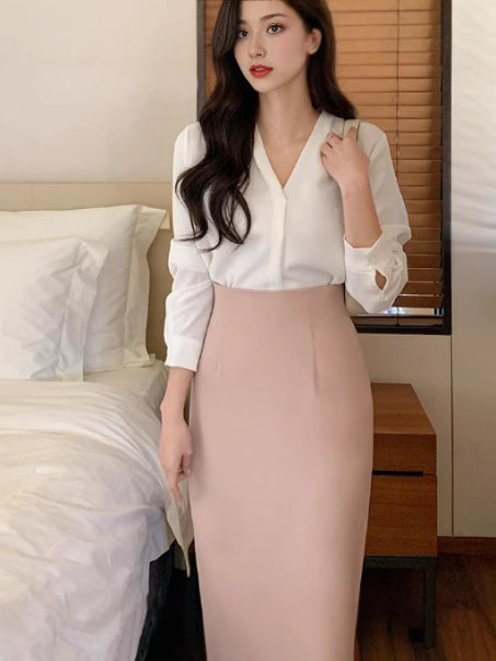 V-neck Long Sleeve Loose Korean Style Summer Business Chiffon Blouse Women