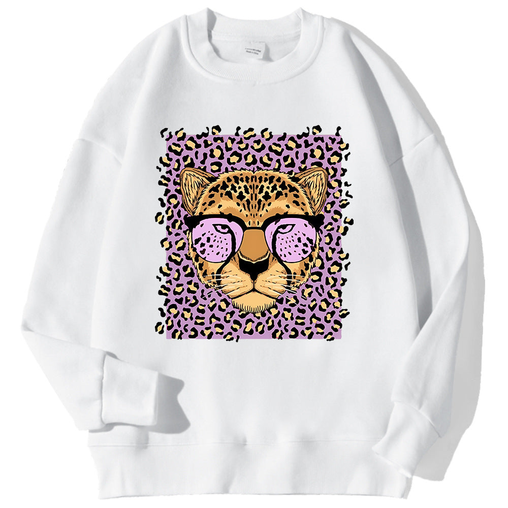 Afslappet løs sweatshirt med fleecefor til kvinder med leopardprint