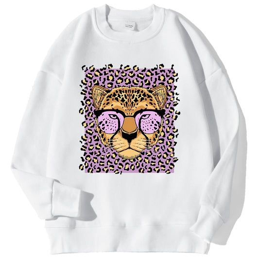Womens Casual Loose Fleece-Backed Sweatshirt With Leopard Print