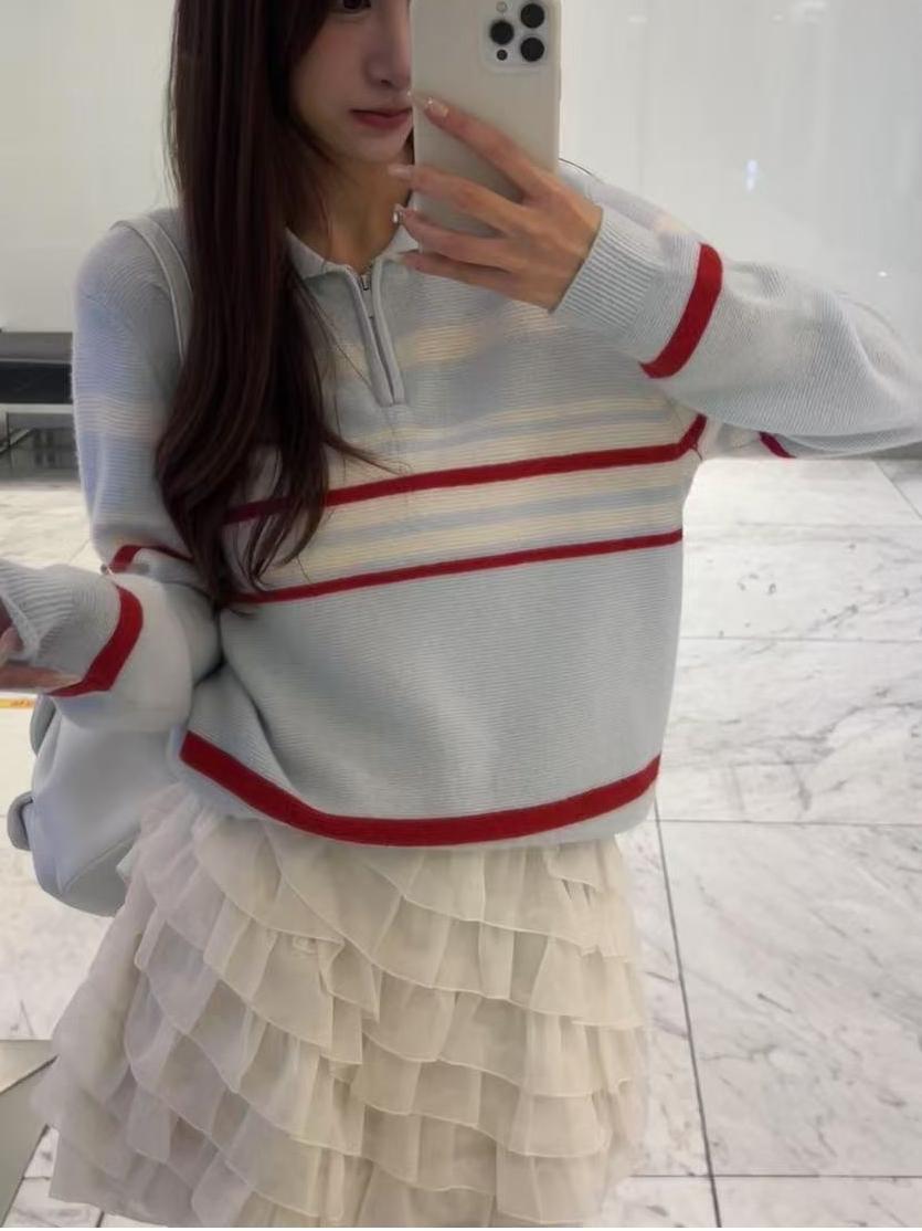 Striped Contrast Color Knitwear Women's Loose Polo Collar Pullover Sweater