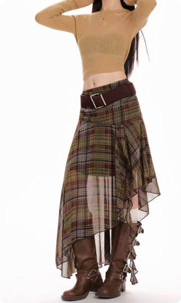 Green Chiffon Plaid Irregular Midi Skirt For Women