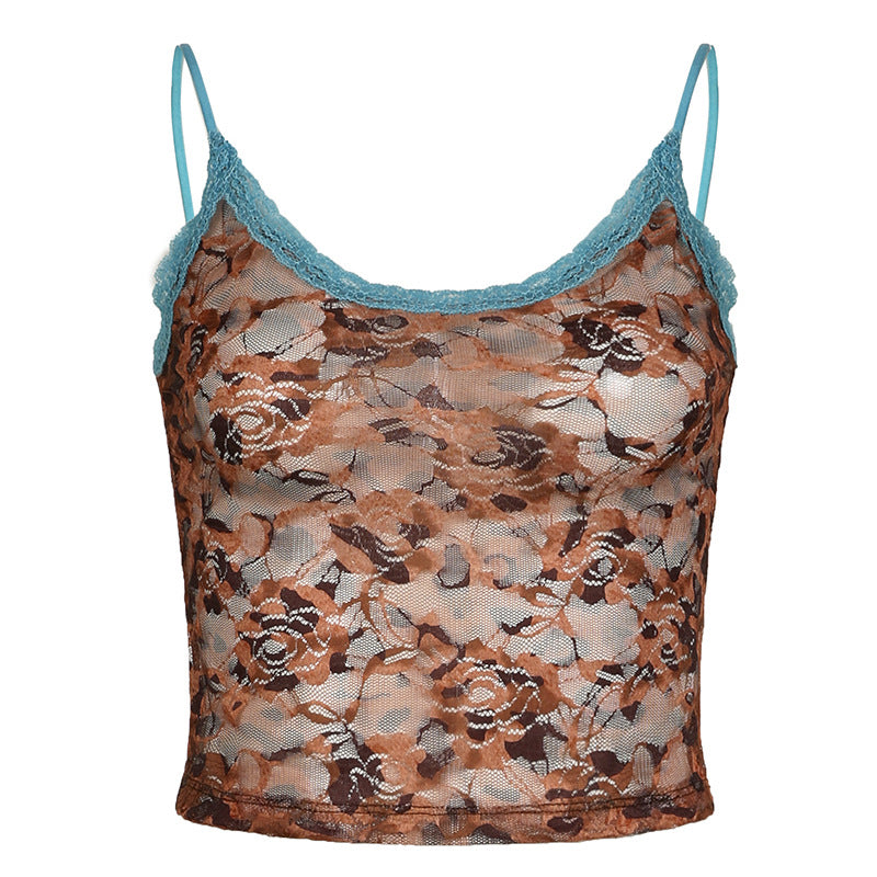 Printed Contrast Color Lace Low Collar Camisole