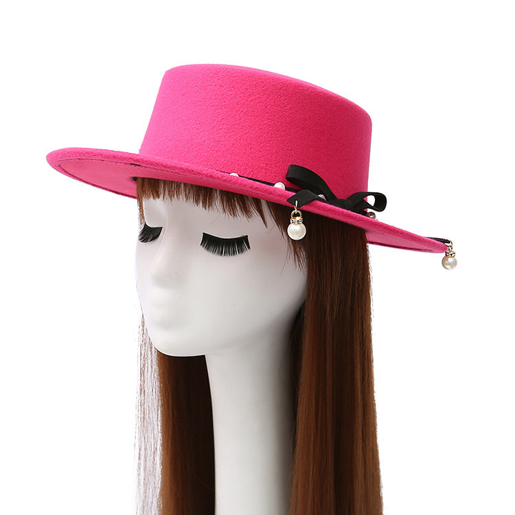 Flat Top Hat Women's Pearl Wool Felt Hat