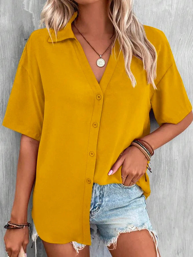 Temperament Pure Color V-neck Shirt Women's Top Short Sleeve