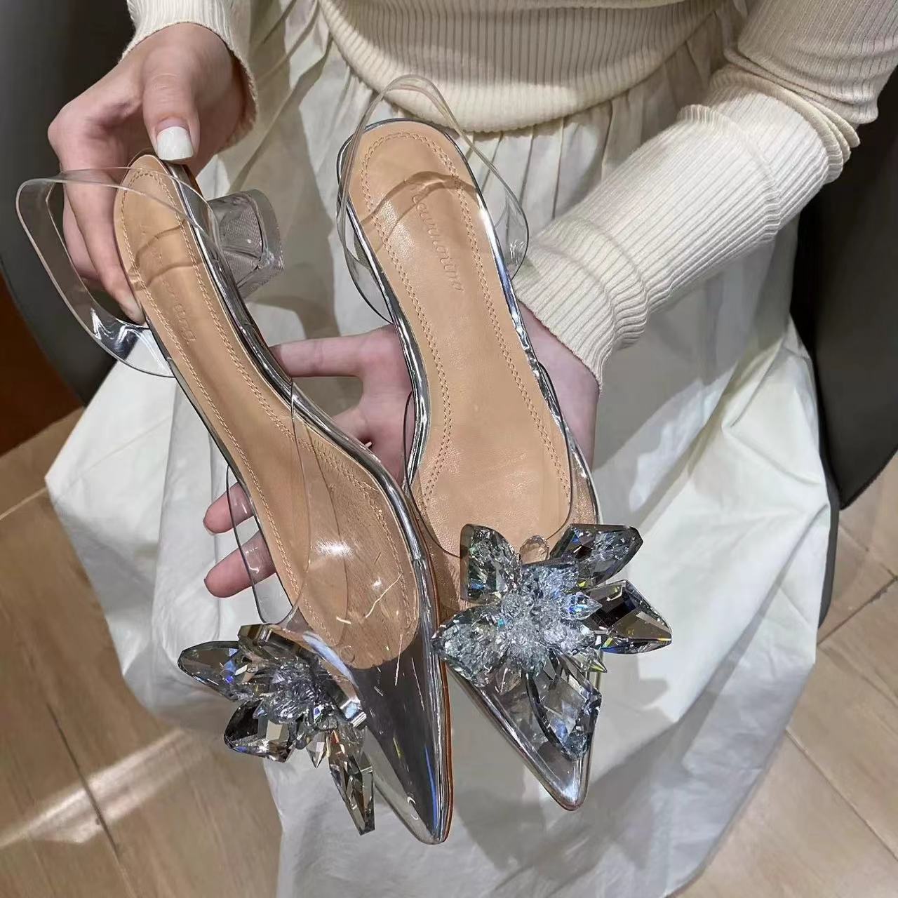 Women's Transparent Crystal Flower High Heels