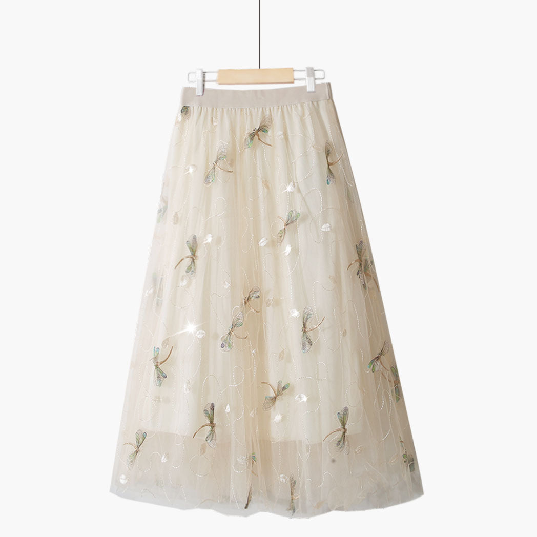 Dragonfly Embroidered Mesh Skirt Large Swing A- Line
