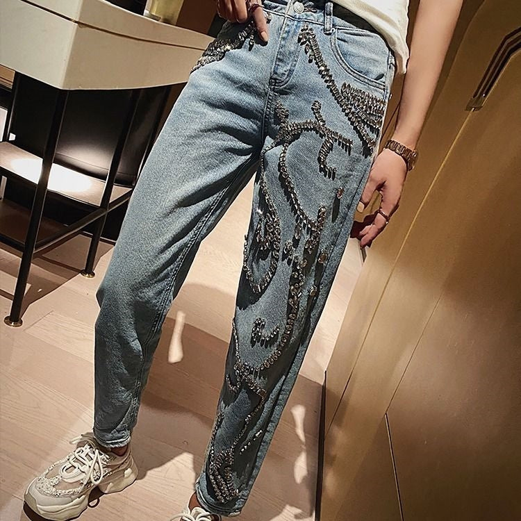 Women's Simple Loose Diamond High-Waist Jeans