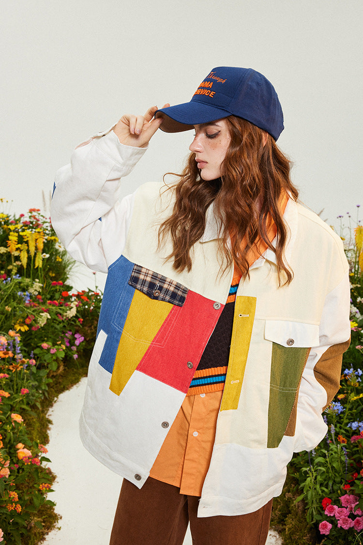 American Style Loose New Patchwork Contrast Color Coat