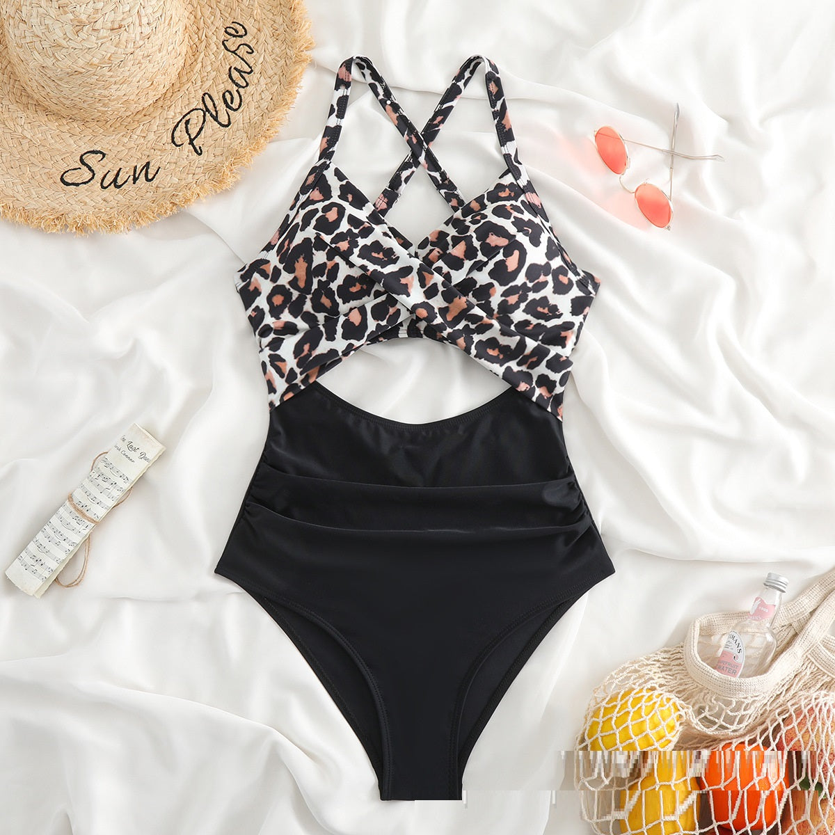 European And American New One Piece Swimsuit Color Matching Cross Strap