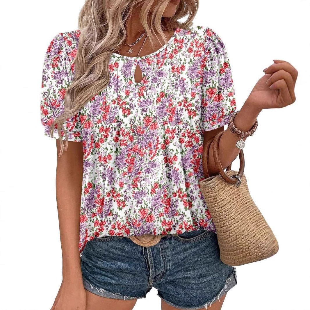 Rundhalset T-shirt til kvinder med blomsterprint