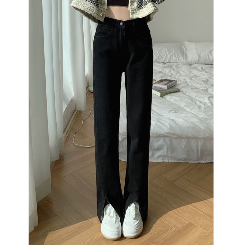 Split Black Jeans High Waist Micro Flared Small Straight Leg
