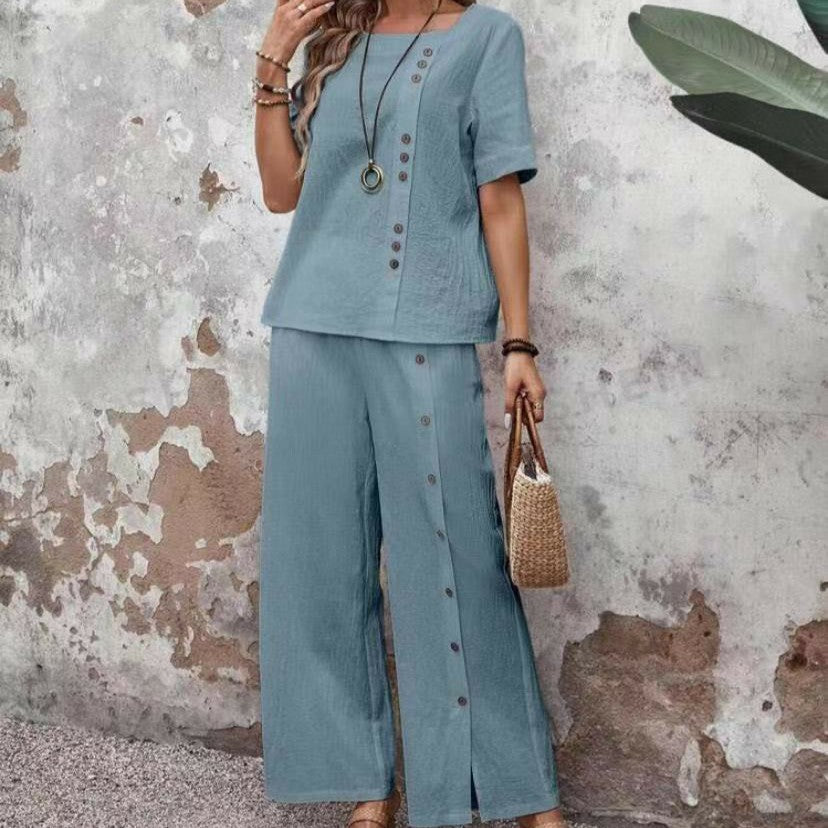 Two-piece Short-sleeve Button-up Top Loose-fit Womens Outfit