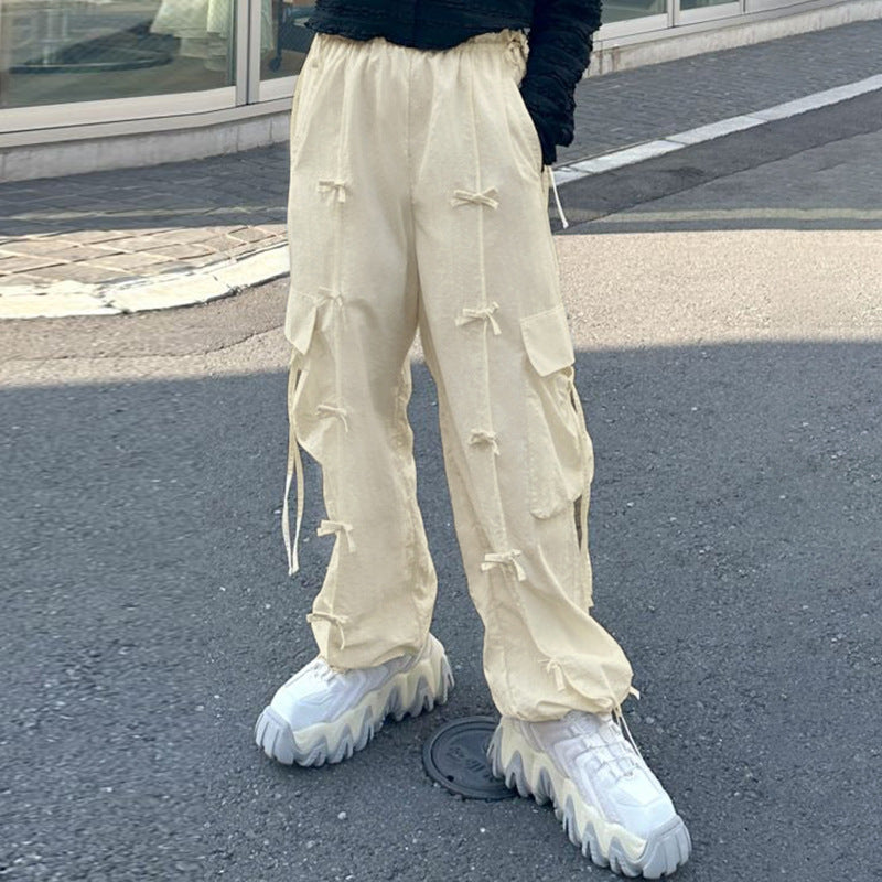 Bow Pocket Patchwork Overalls Straight-leg Trousers