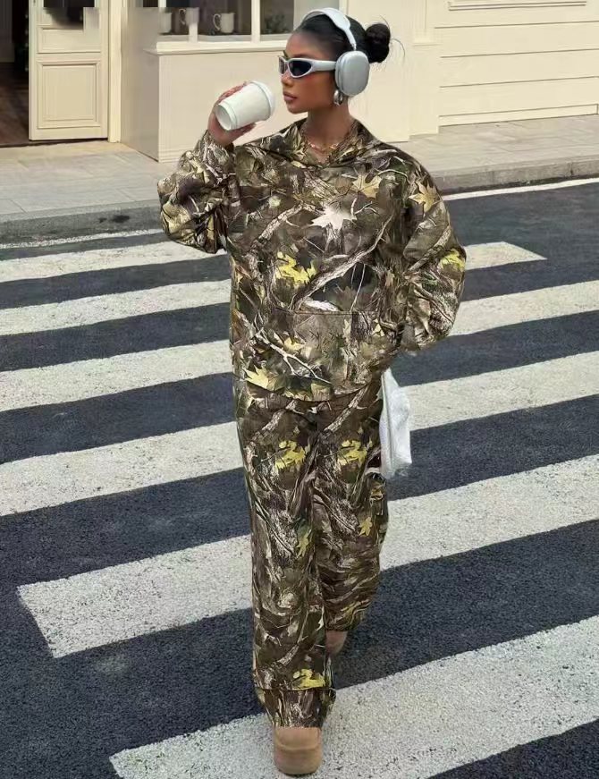Street Fashion Camouflage Loose Casual Top With Straight-leg Pants