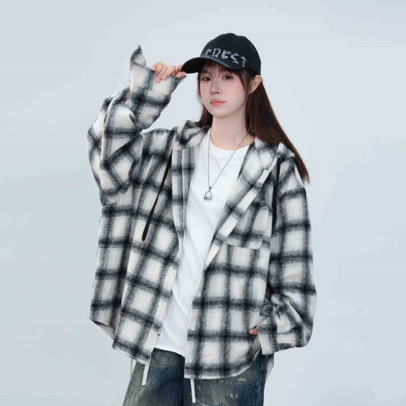 Plaid Hooded Shirt Coat Loose Mid-length Casual Top