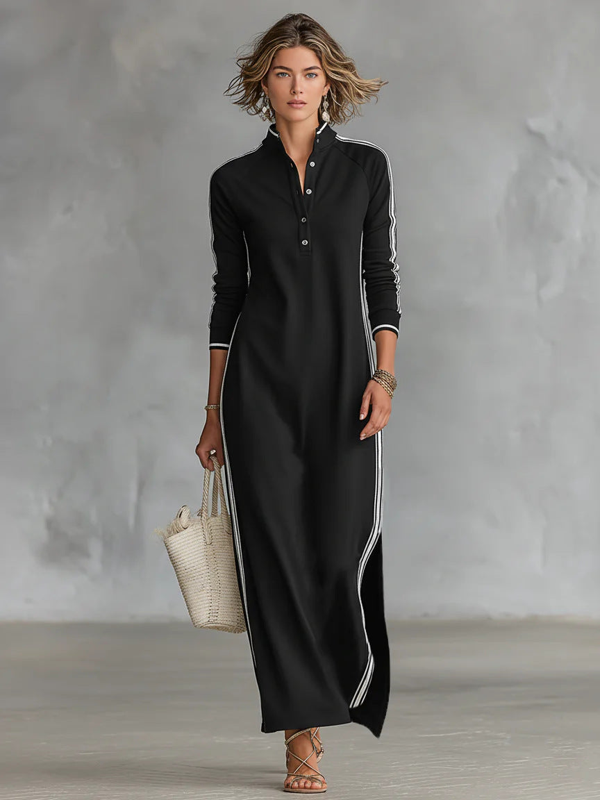 Womens Minimalist White-Bordered Buttoned Stand-Collar Sweater Dress
