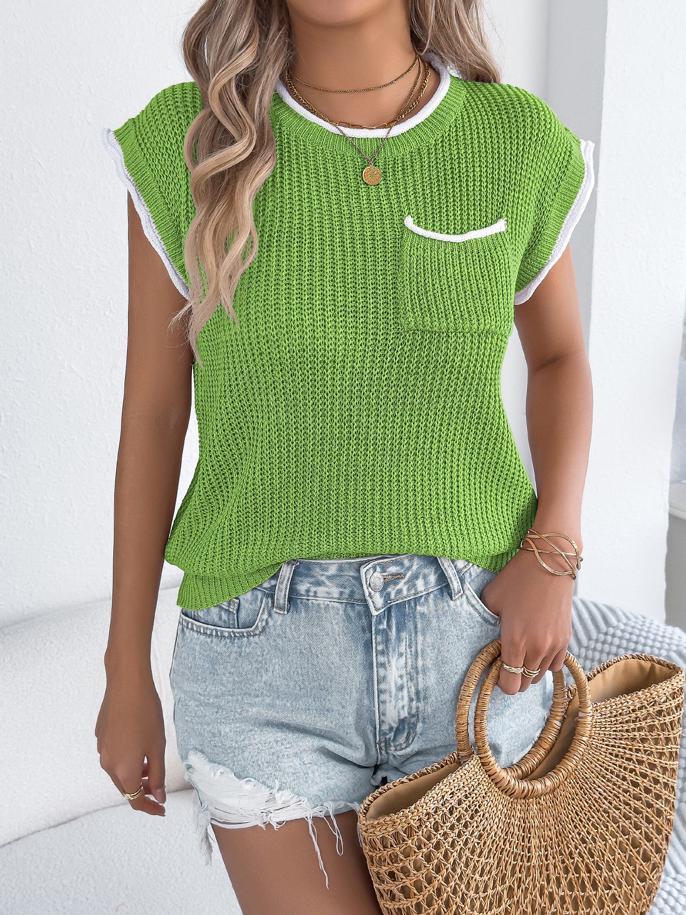 Color-block Pocket Bat-sleeve Casual Loose Knit Top