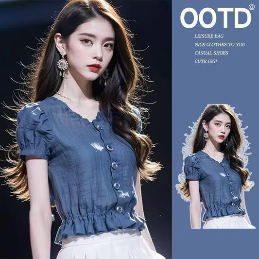 Summer French Blue Puff Sleeve Short Shirt