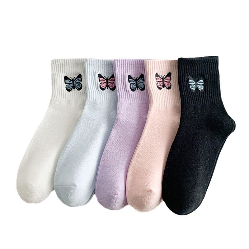 Women's Fashion Solid Color Butterfly Embroidered Mid-calf Socks
