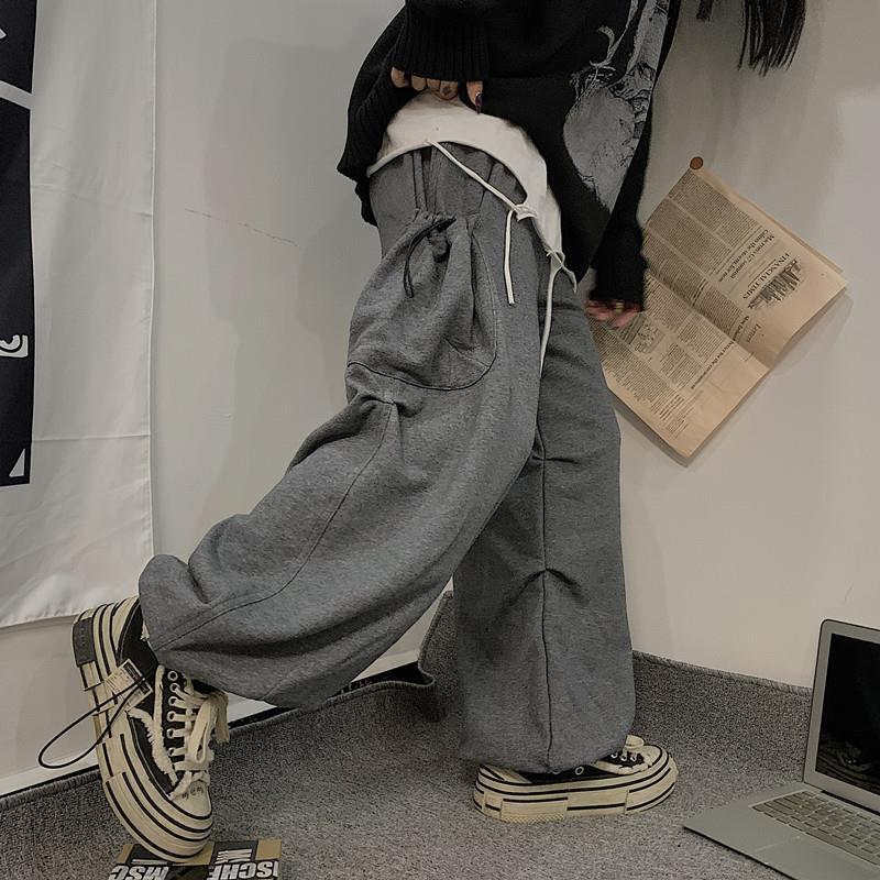 Retro Solid Color Overalls Large Loose Pockets Ankle-tied Sweatpants