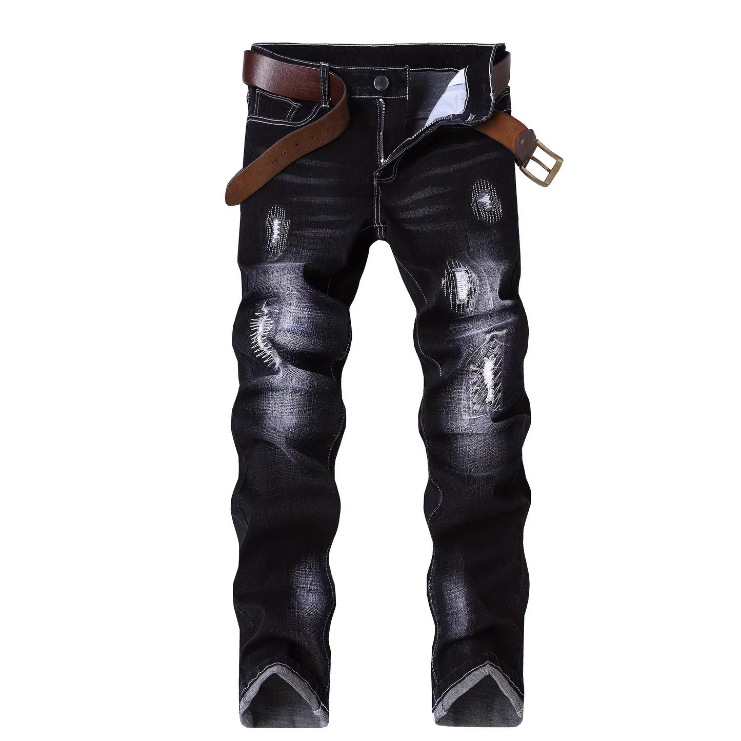 Mens Stretch Denim Jeans With Ripped Details And Embroidery