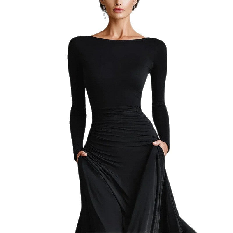 Womens Solid-Color Elegant Waist-Cinching Dress