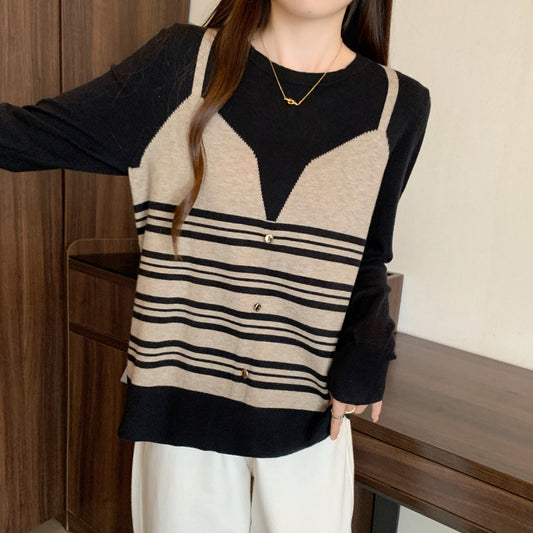 Plus Size Contrast Color Striped Fake Two Pieces Sweater