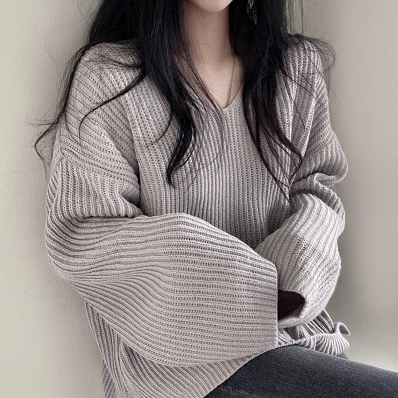 Women's V-neck Loose Leisure All-matching Long Sleeve Coarse Yarn Thick Sweater