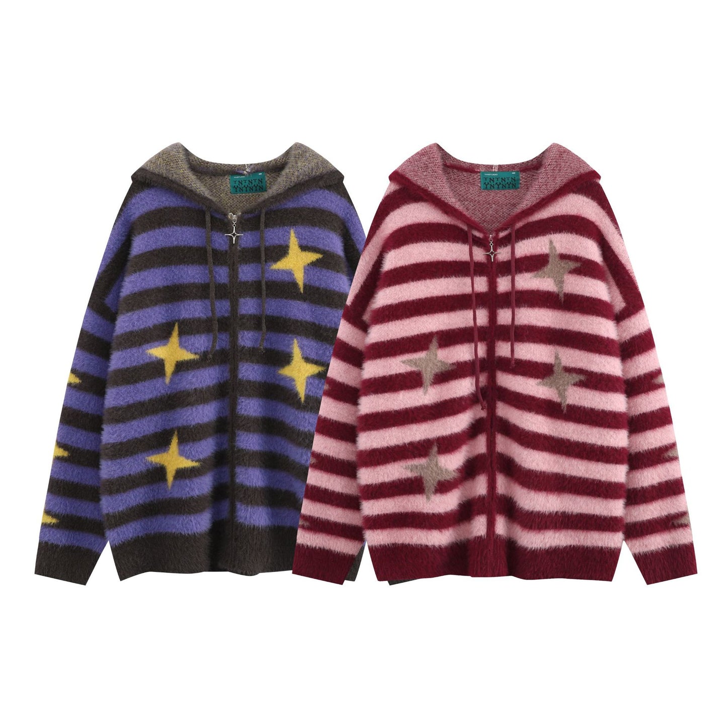 Idle Style Loose Red Striped Hooded Zip Cardigan Sweater Coat