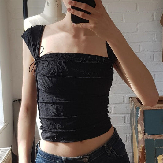 Fashionable Sexy Navel Square Neck Striped Pleated Slim Vest