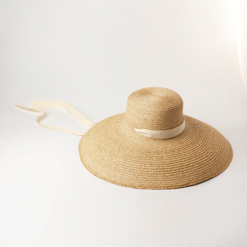 Outdoor Flat-top Curved Hand-woven Raffia Straw Hat