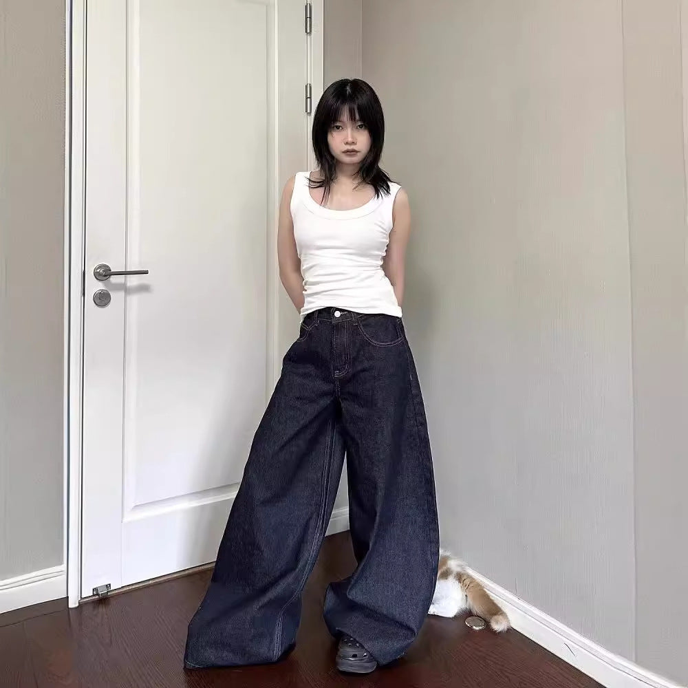 Amerikansk High Street Vibe Mørkeblå Jeans Vasket Løs Høj Talje Lige Gulvlange Bukser