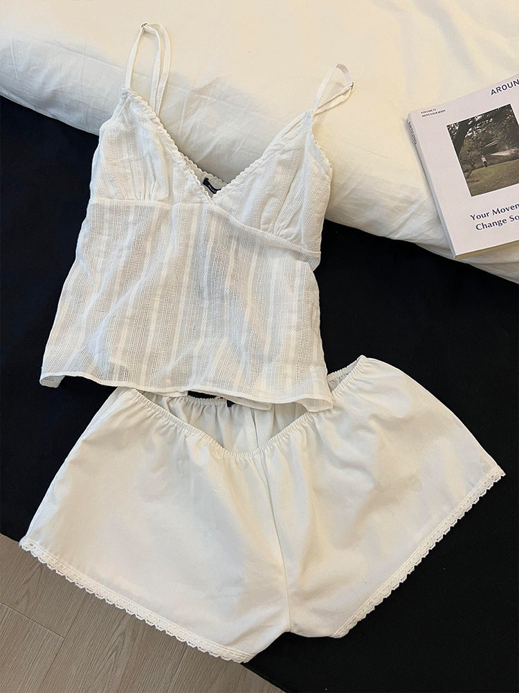 Home Simple Slim Fit White Suspender Pajamas For Women